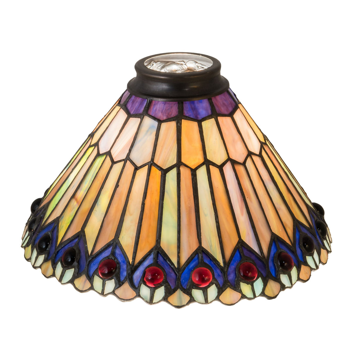 Side view of the Tiffany Jeweled Peacock shade featuring intricate stained glass in warm and cool tones.