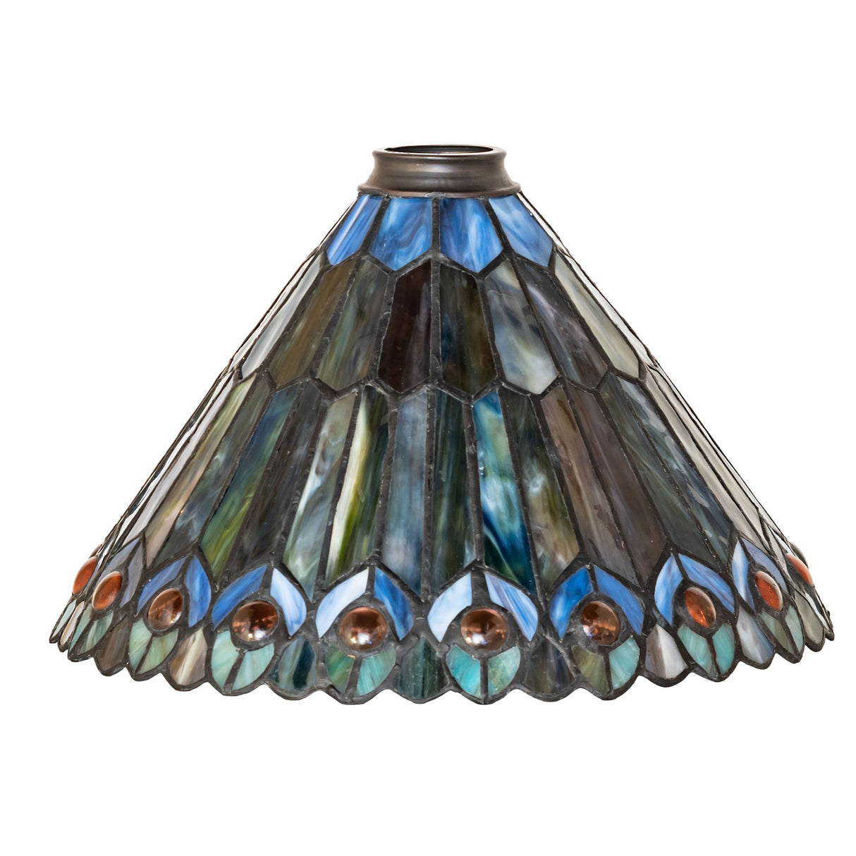 Unlit Peacock Shade displaying intricate stained glass craftsmanship with rich, darkened tones.