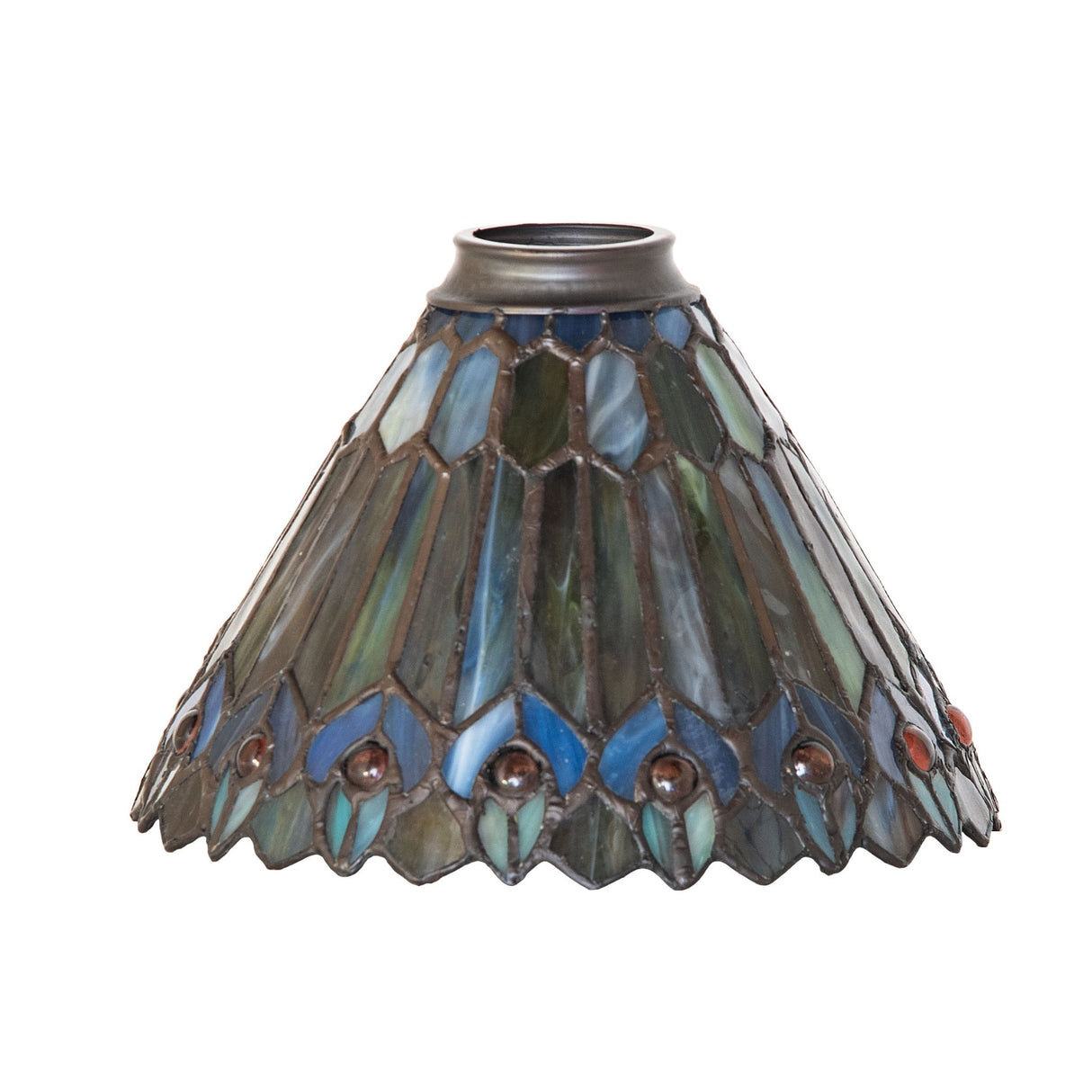 Unlit view of the Tiffany Jeweled Peacock shade showcasing its stained glass craftsmanship.