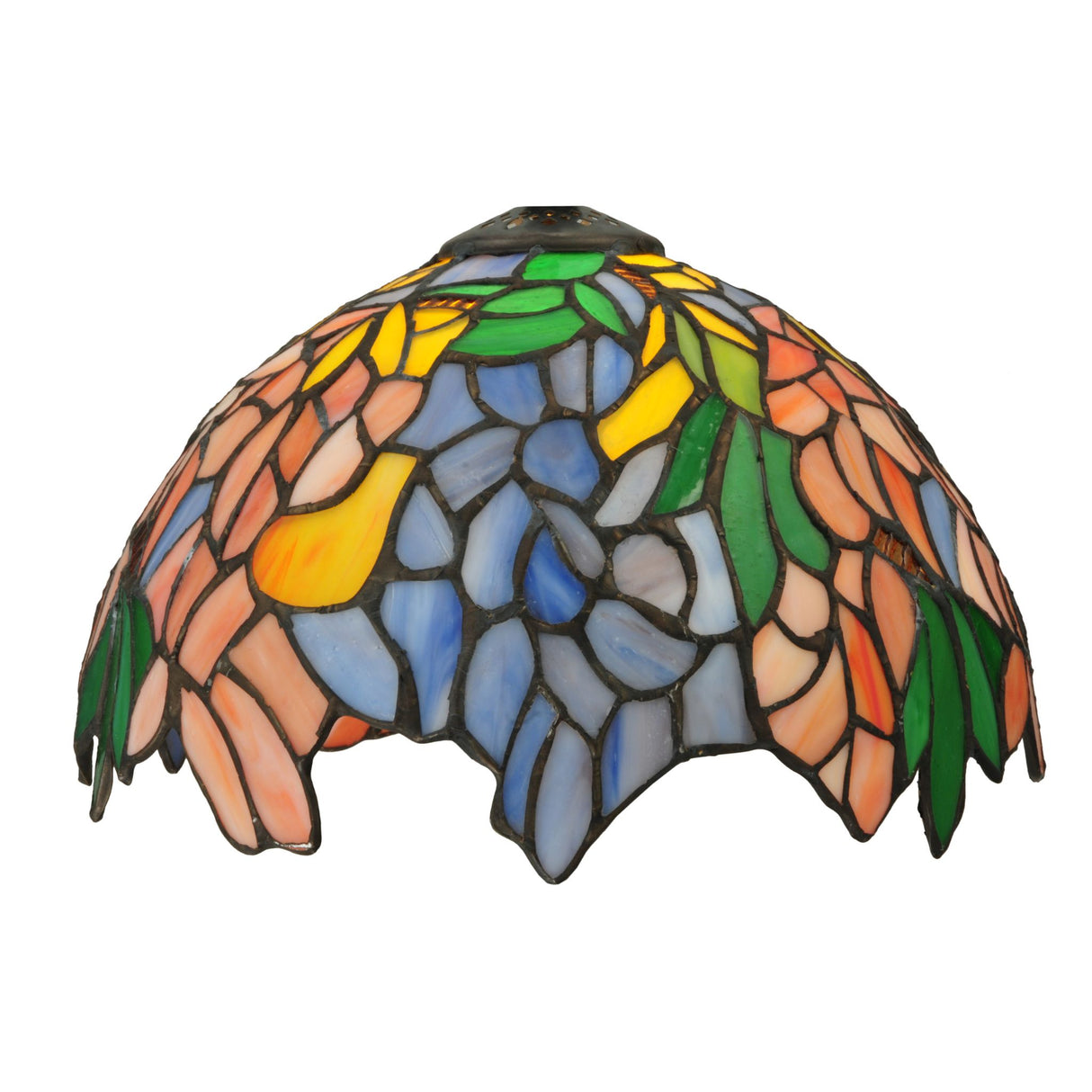 Front view of tiffany laburnum shade with cascading mauve, azure, and amber blossoms.