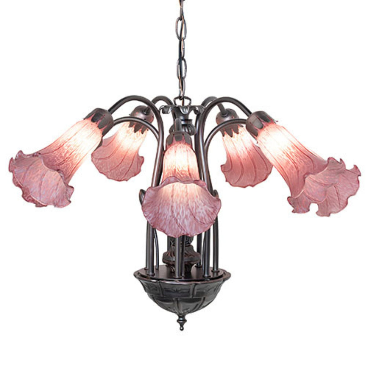 Tiffany chandelier with seven lavender, pond lily-shaped glass shades emitting a warm glow, mounted on a dark bronze base.