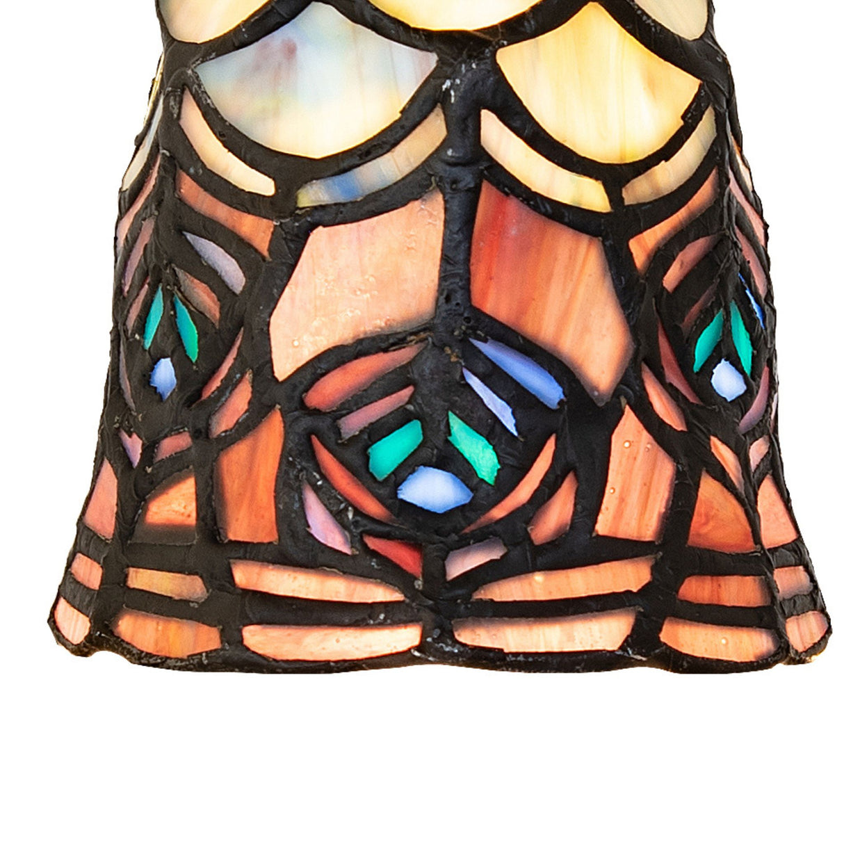 Close-up of Tiffany peacock feather glass pattern with intricate details.