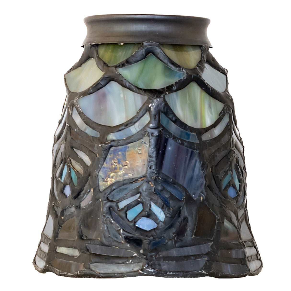 Tiffany peacock feather fan light shade in unlit state, showcasing details