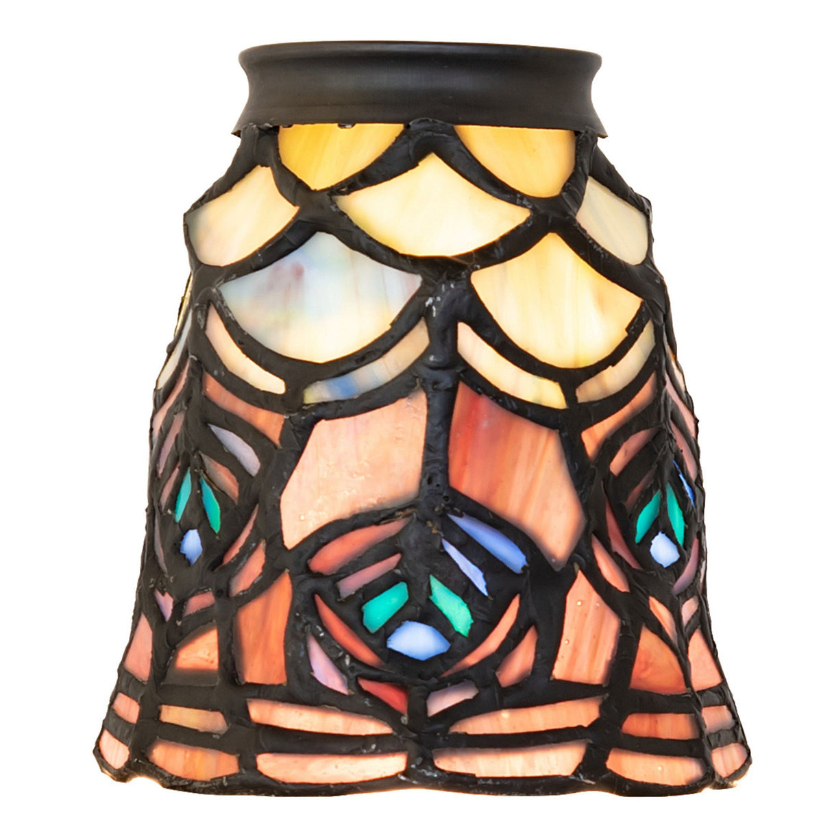 Illuminated Tiffany peacock feather fan light shade with warm glow.