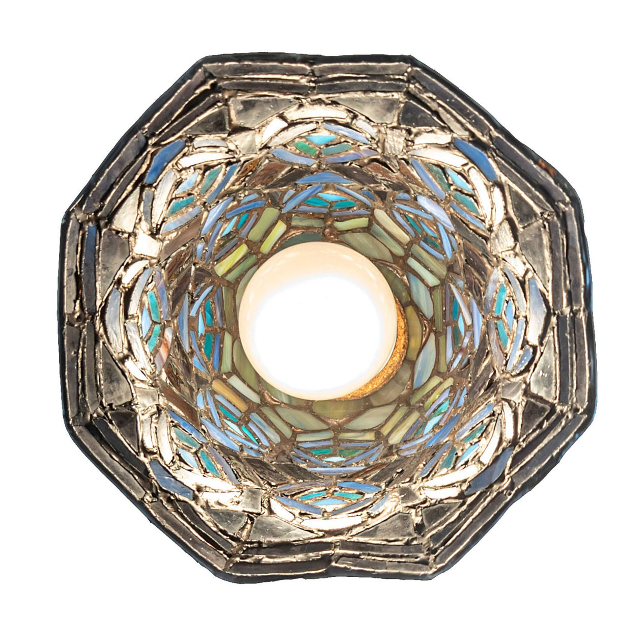 Elegant stained glass flushmount light from below.