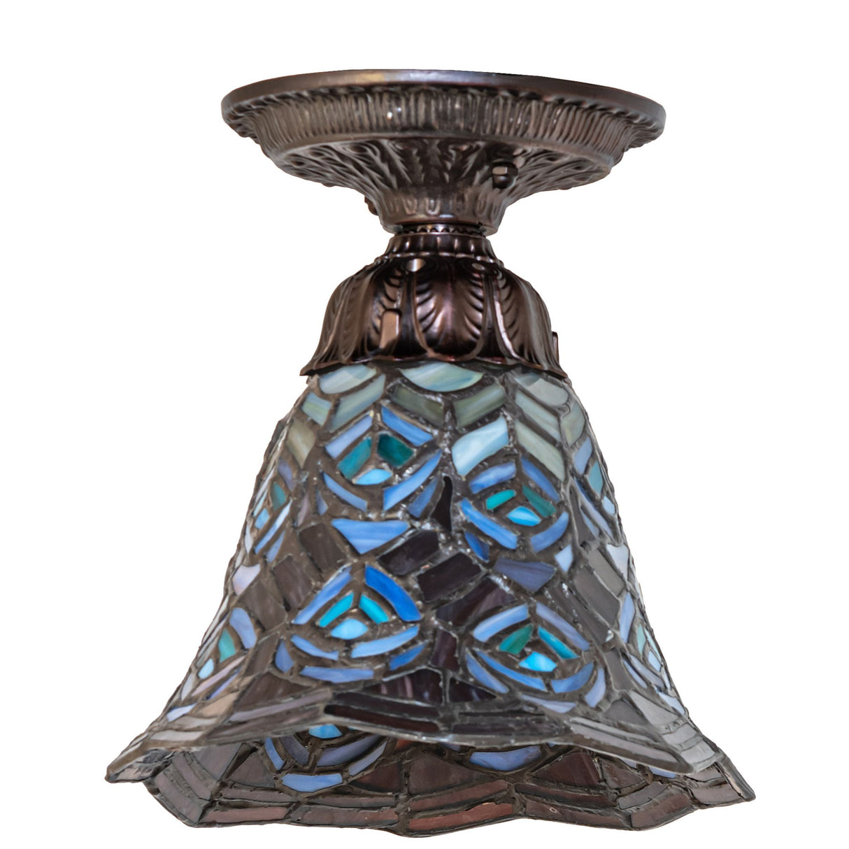 Detailed view of the Tiffany peacock feather design with vibrant colors.