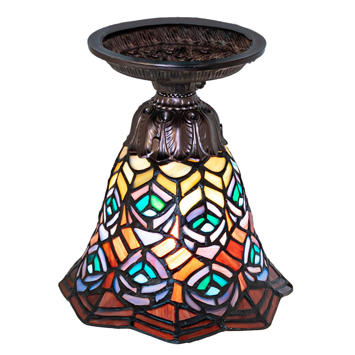 Tiffany peacock feather flushmount lighting fixture, side angle.