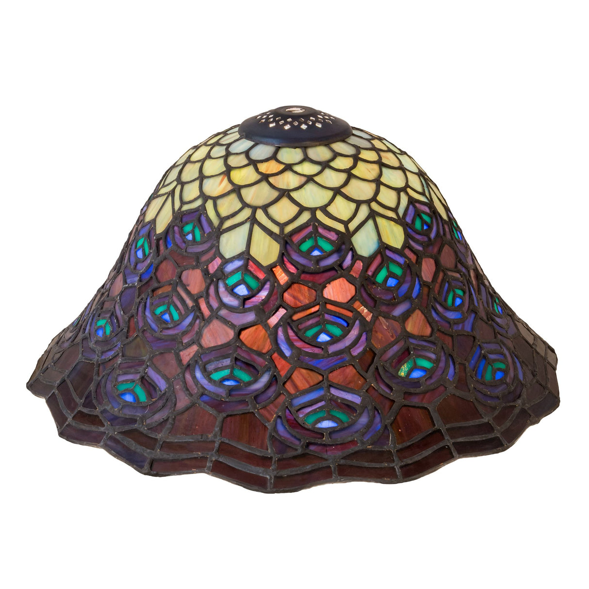 Tiffany peacock feather lampshade with vibrant colors and intricate pattern.