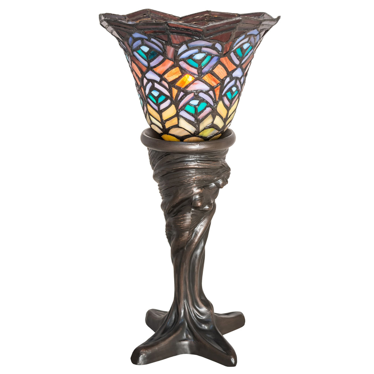 Tiffany Peacock Feather Mini Lamp with vibrant stained glass shade.