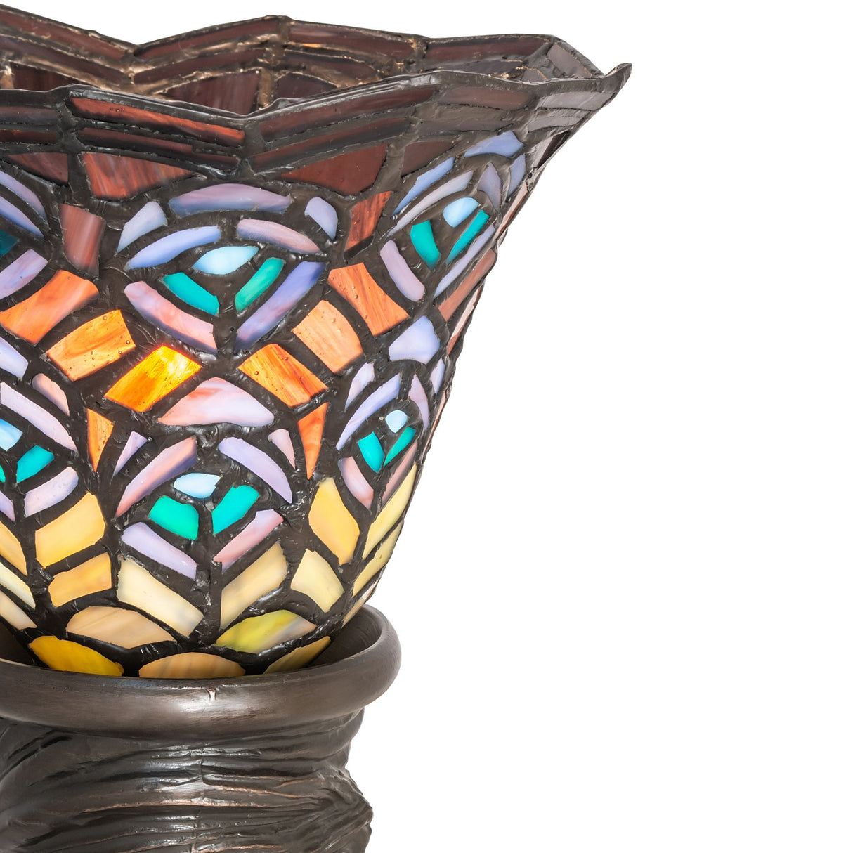 Close-up of Tiffany Peacock Feather Mini Lamp shade with peacock feather design.