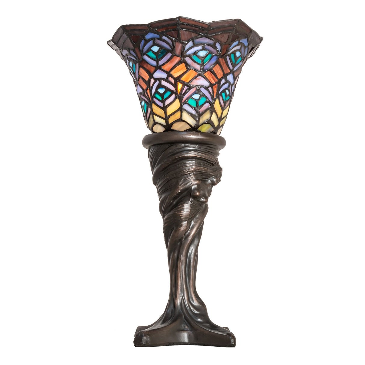 Side view of Tiffany Peacock Feather Mini Lamp with intricate stained glass