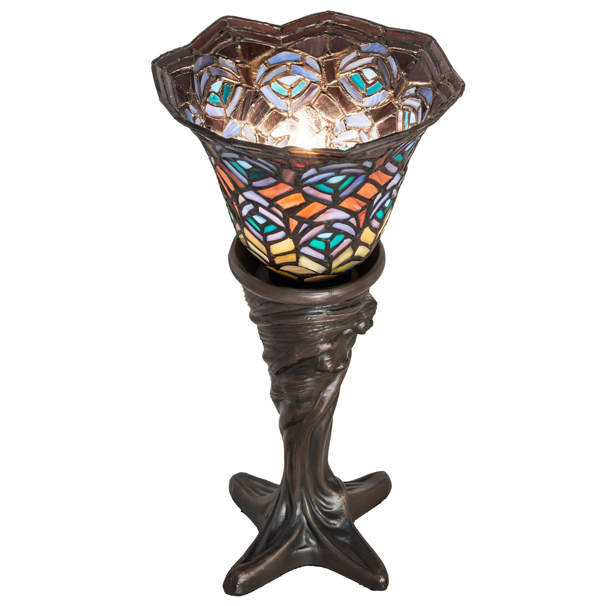 Top view of Tiffany Peacock Feather Mini Lamp showcasing stained glass pattern.