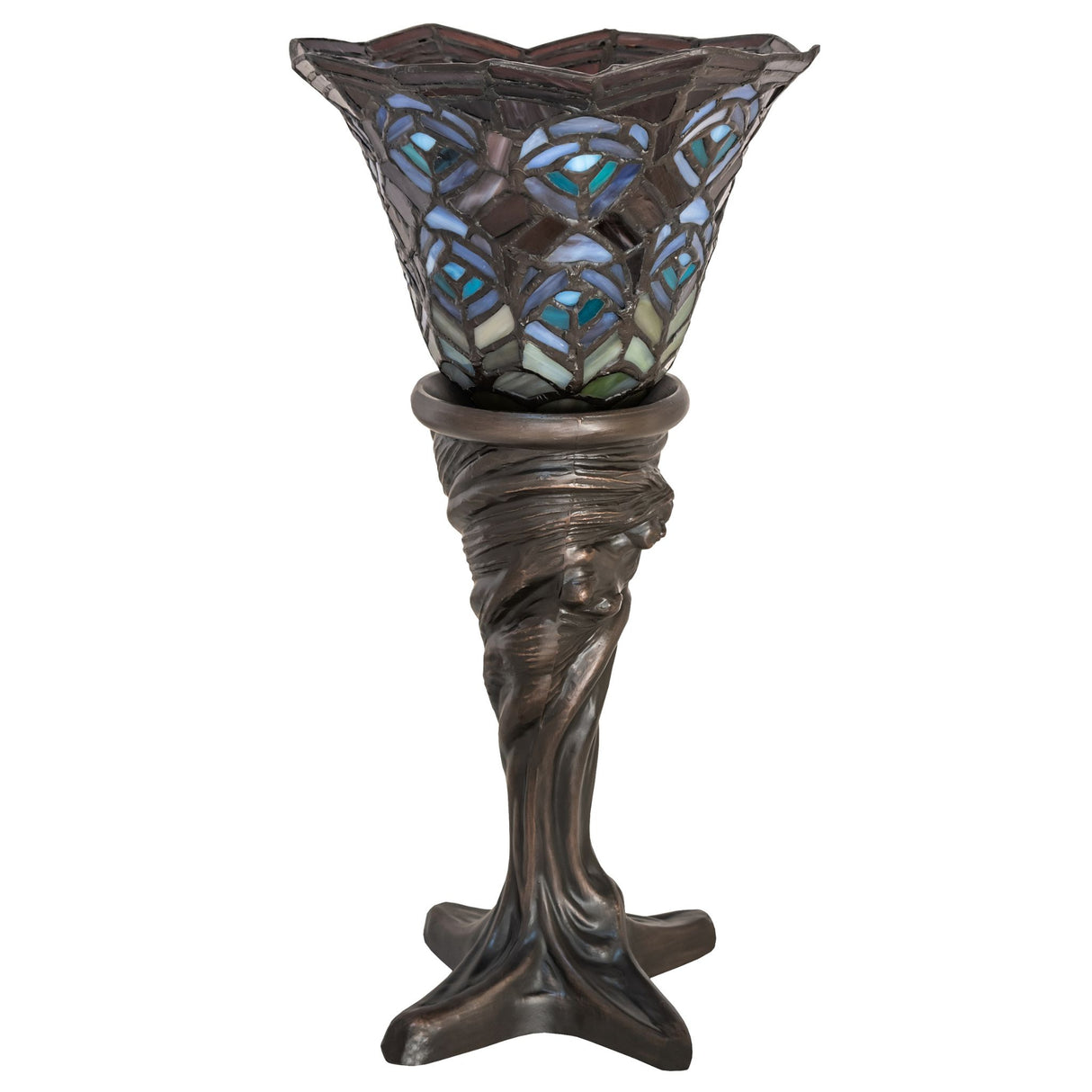 Tiffany Peacock Feather Mini Lamp with unlit stained glass shade.