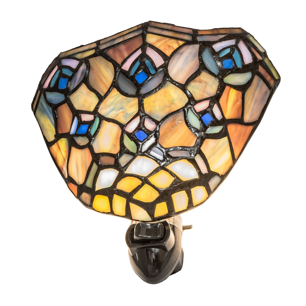 Tiffany Peacock Feather night light viewed from a bottom angle showing colorful stained glass.