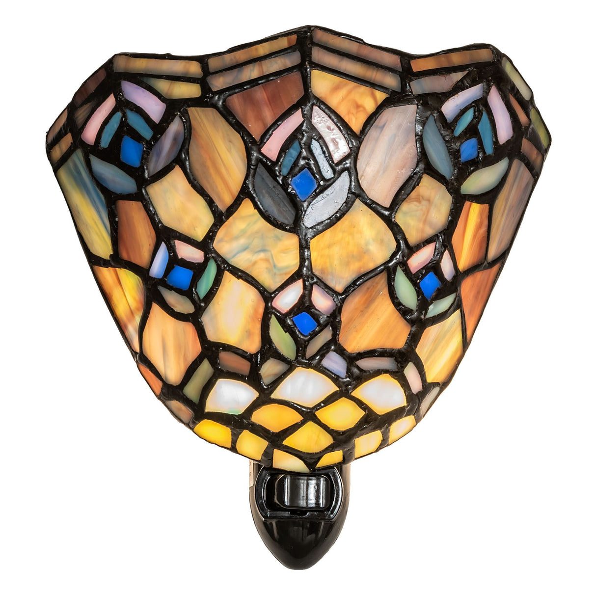 Lit view of stained glass Tiffany night light glowing warmly against the wall.