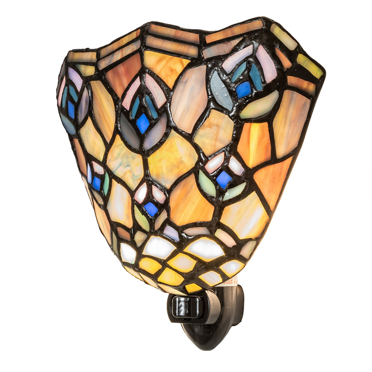 Side angle of peacock feather Tiffany night light with vibrant glass details.