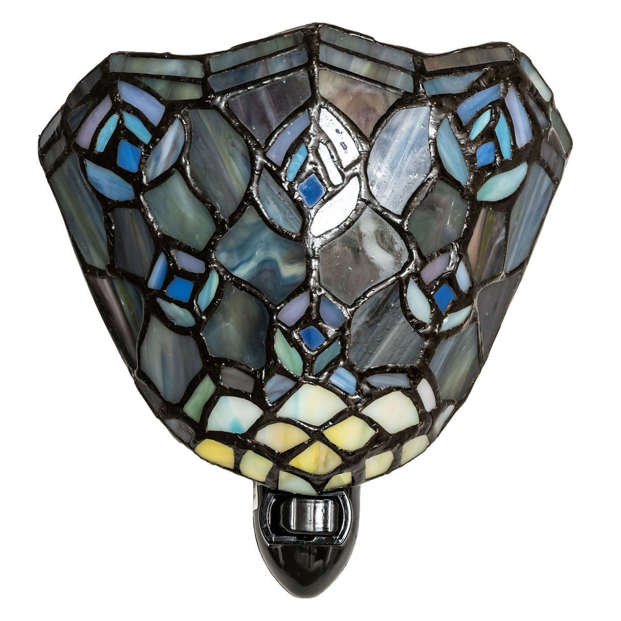 Unlit view of Tiffany-style peacock feather night light with multicolor art glass.