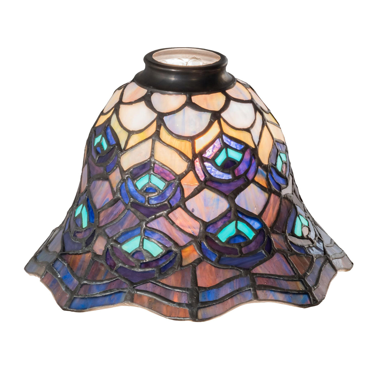 Stained glass peacock feather shade with vibrant colors.