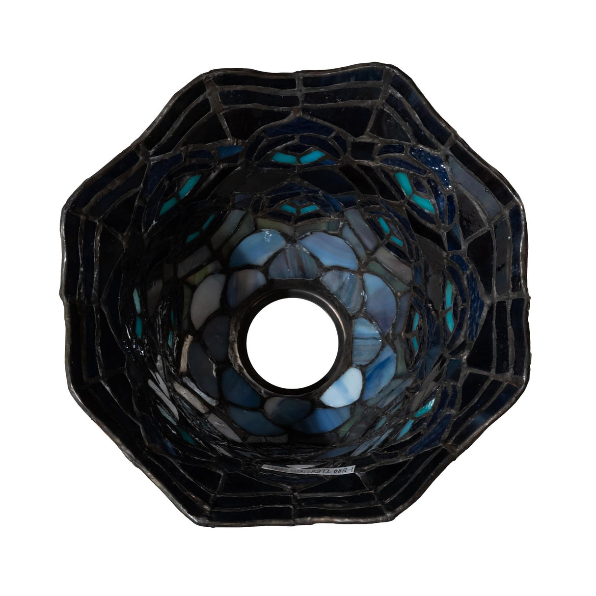 Bottom view of Tiffany peacock feather glass shade.