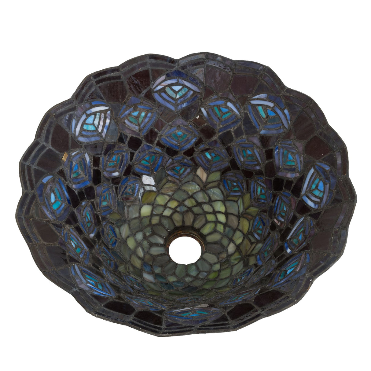 Bottom view of the Tiffany Peacock Feather Shade revealing detailed craftsmanship and vibrant colors.