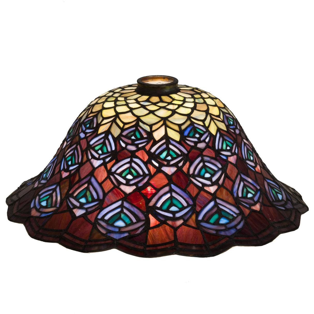 Full view of the 16"W Tiffany Peacock Feather Shade showcasing intricate peacock feather patterns.