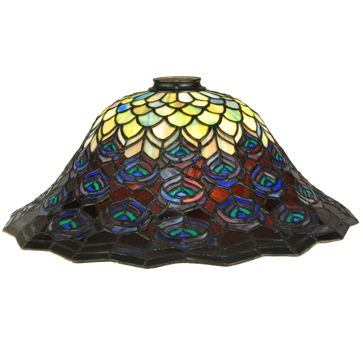 Illuminated view of the Tiffany Peacock Feather Shade highlighting its glowing multi-colored design.
