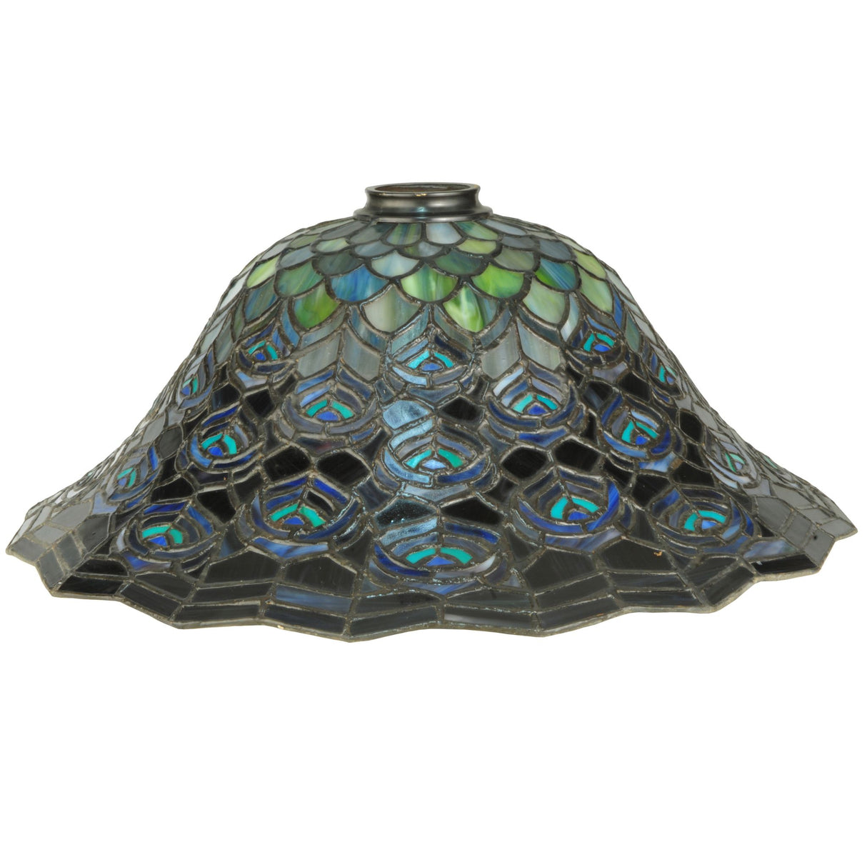 Rear profile of the Tiffany Peacock Feather Shade highlighting intricate glass detailing with peacock feather-inspired patterns.