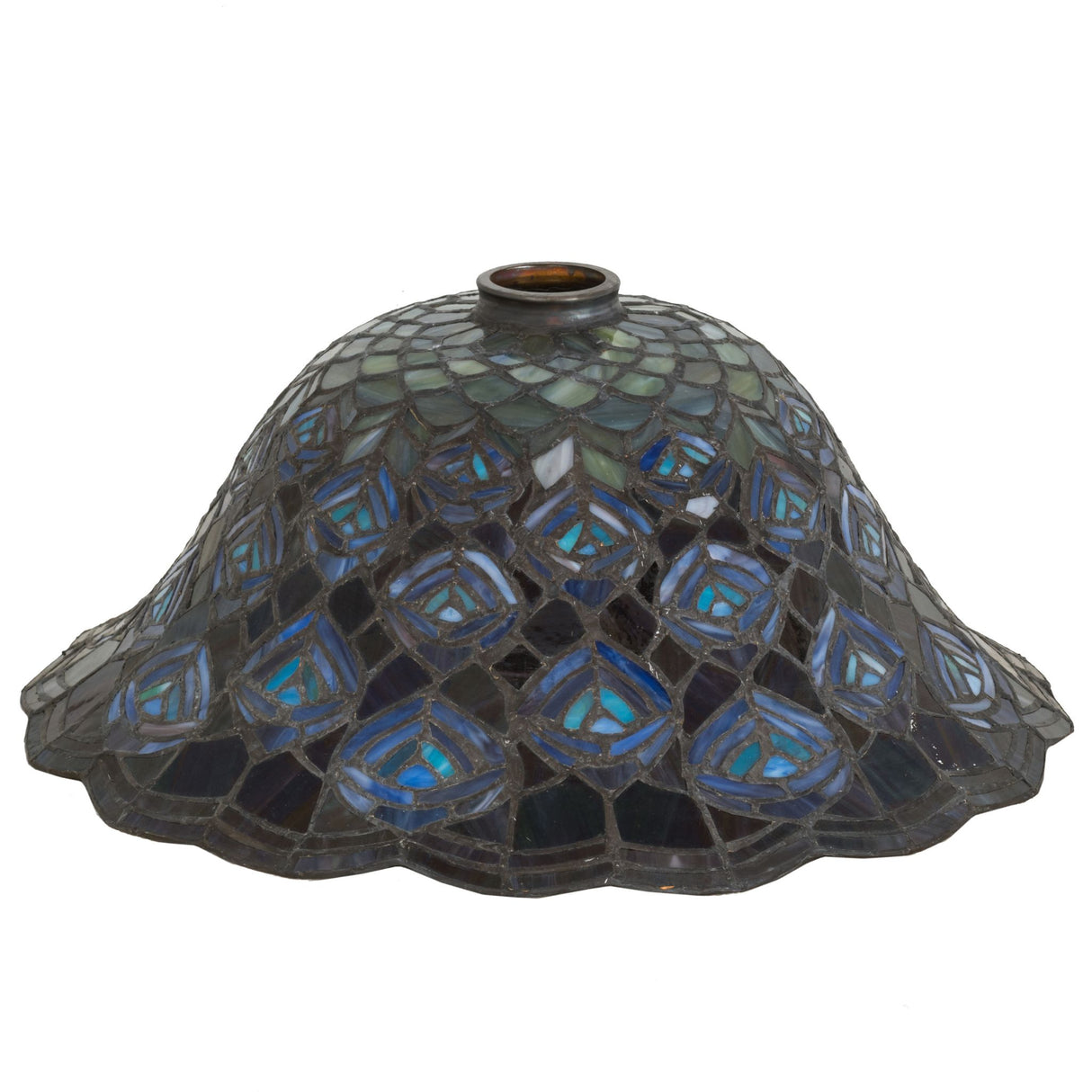 Unlit view of the Tiffany Peacock Feather Shade showing its intricate glasswork and vibrant hues.