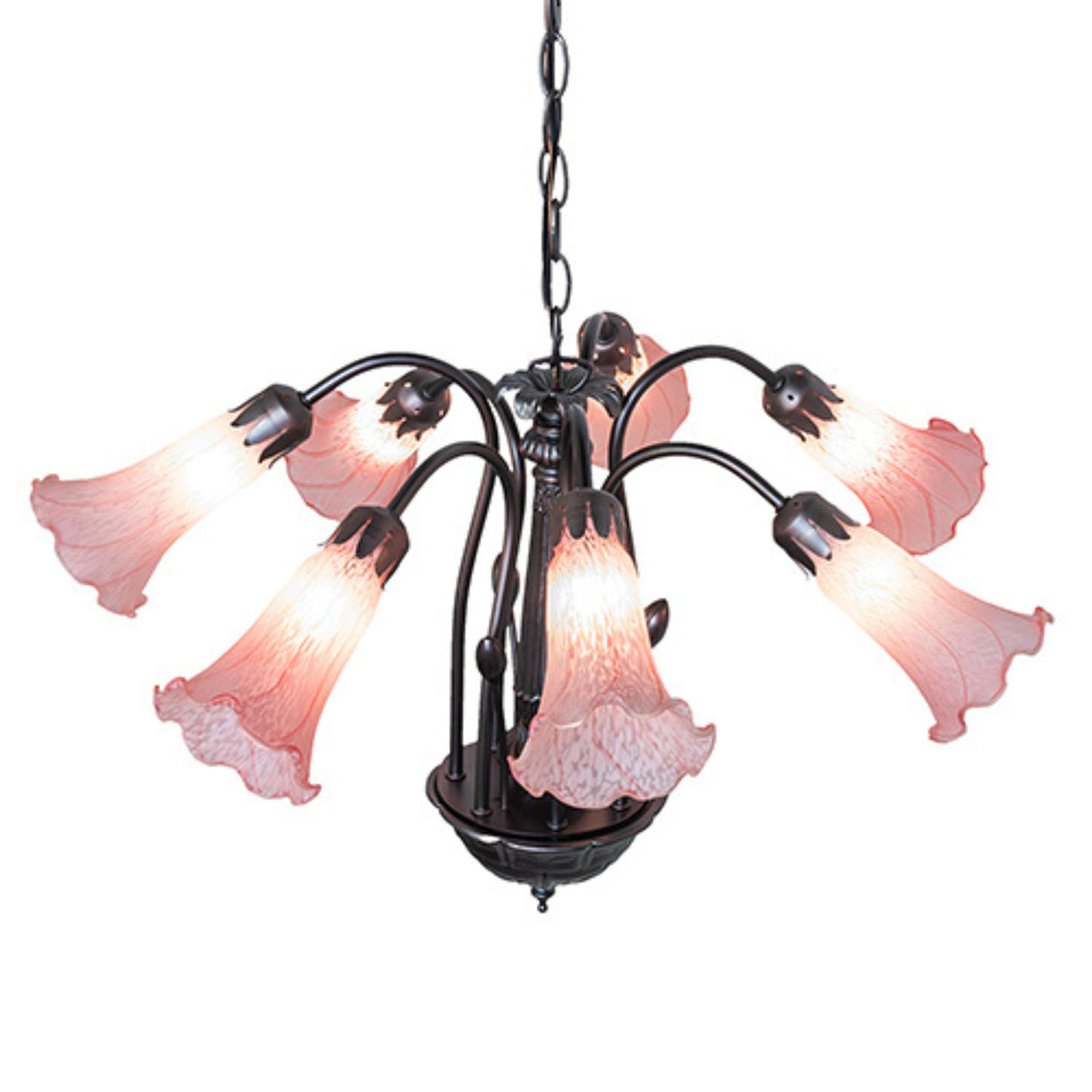 Pink lily chandelier featuring elegant metal framework.