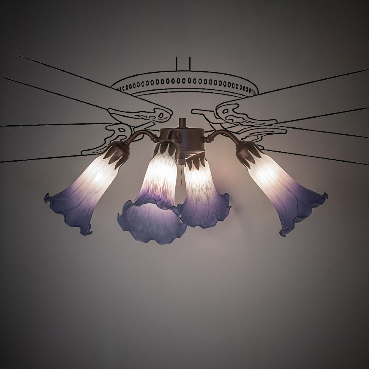 Illuminated in a dim, showcasing its soft, warm glow and intricate glass detailing.