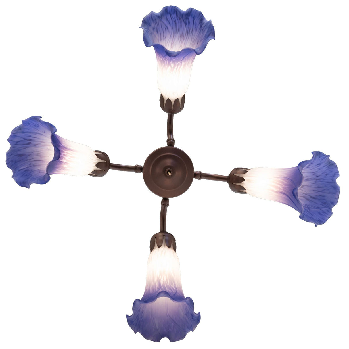 Bottom view of the Tiffany Pond Lily 4 Light Fan Light, detailed shades and fixture layout.