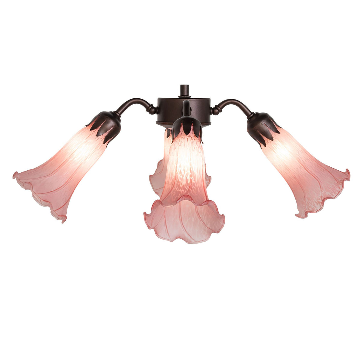 Front view of Pink Tiffany Pond Lily Fan Light highlighting three shades.