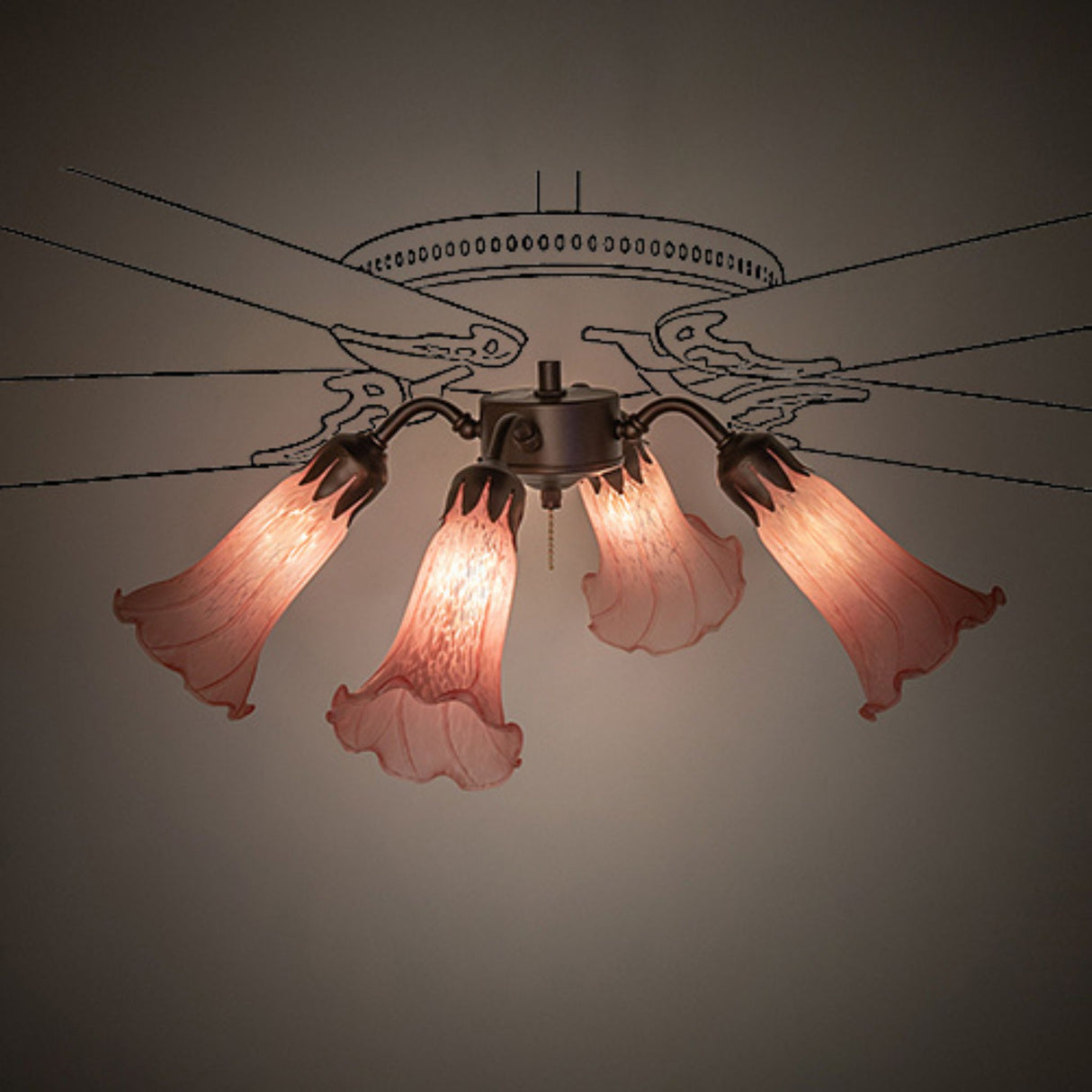 Pink Tiffany Pond Lily Fan Light with illuminated shades.