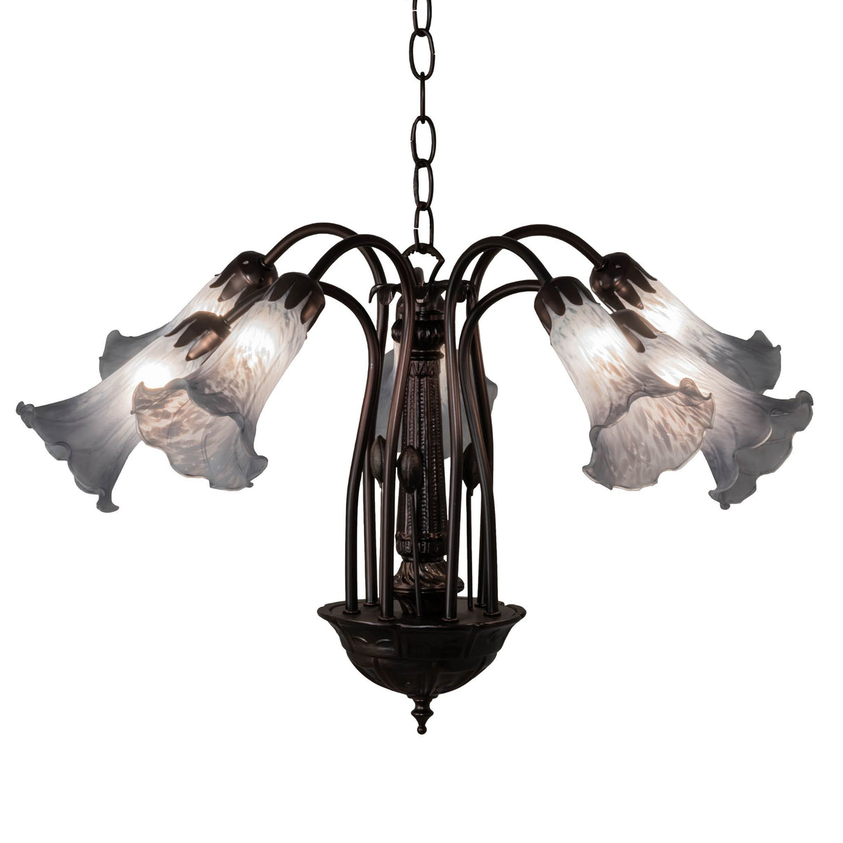 26-inch wide Tiffany Pond Lily chandelier with frosted white lily-shaped shades.