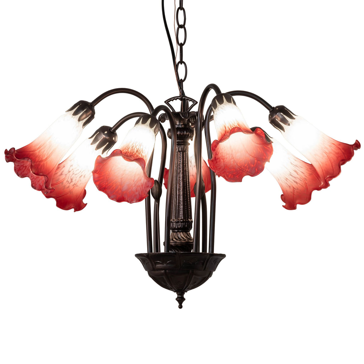 24-inch wide Tiffany Pond Lily chandelier with illuminated red and white frosted glass shades.
