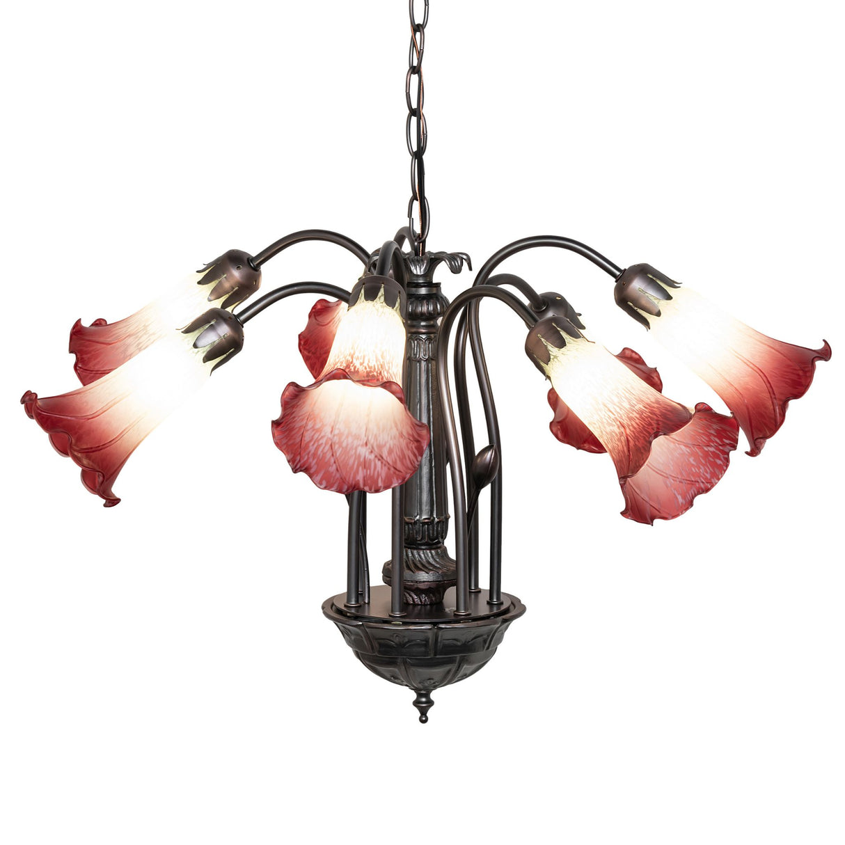 7-light Tiffany pond lily chandelier with vibrant colors.