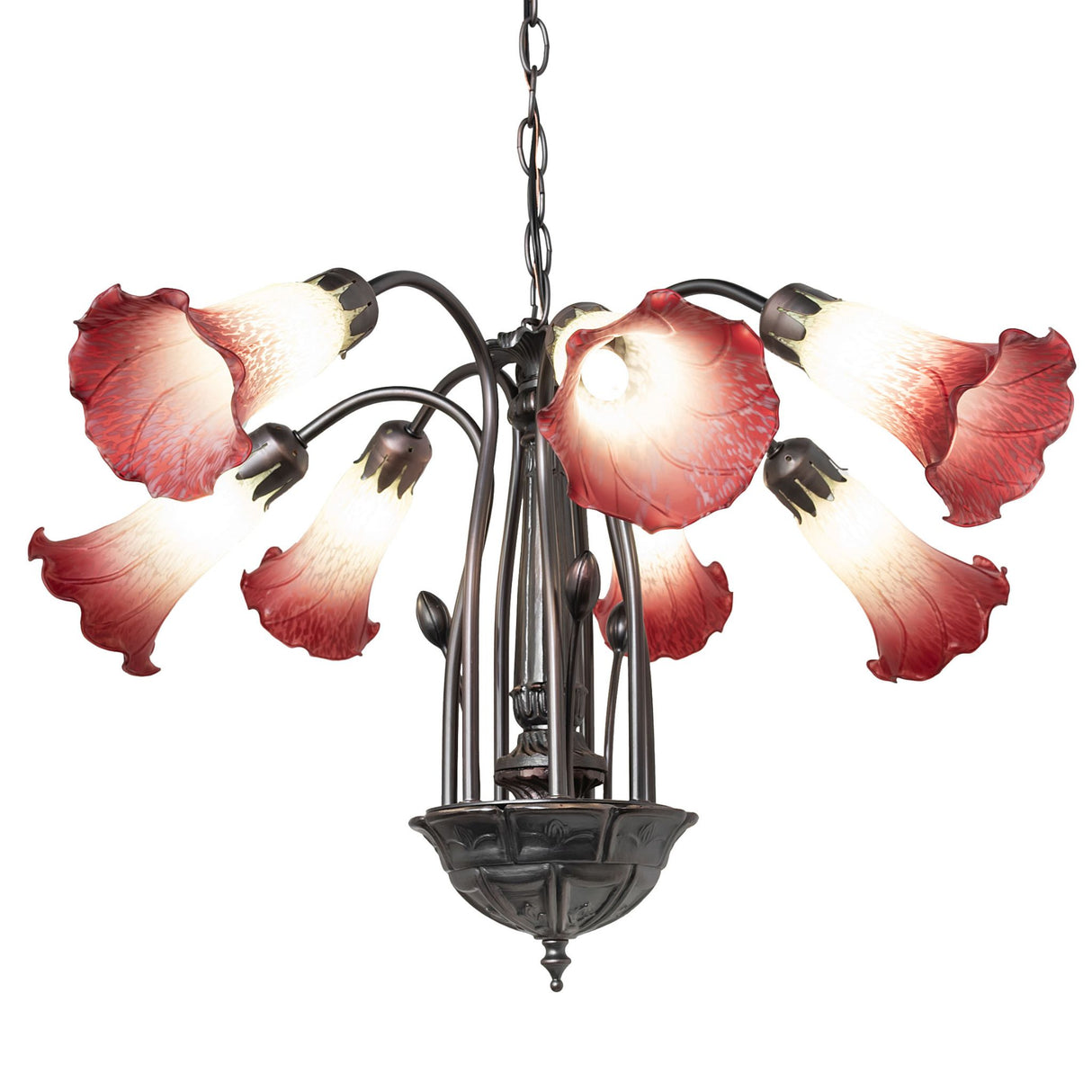 Close-up of 7-light Tiffany pond lily chandelier with elegant floral design.