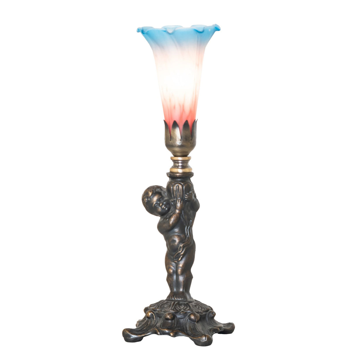Elegant cherub mini lamp with a pink and blue shade.