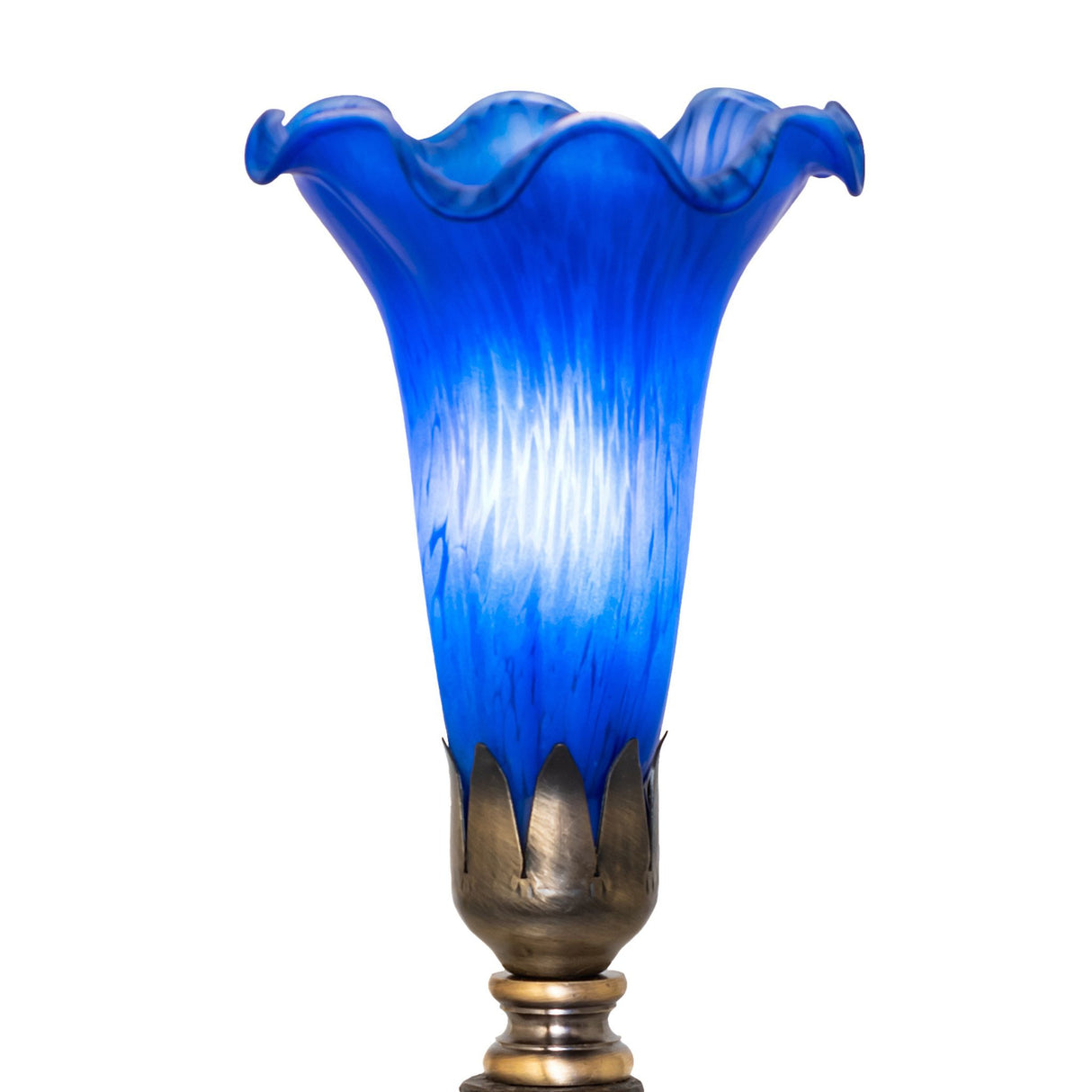 Close-up of the Blue Tiffany Pond Lily shade, highlighting its intricate glasswork and flowing design.