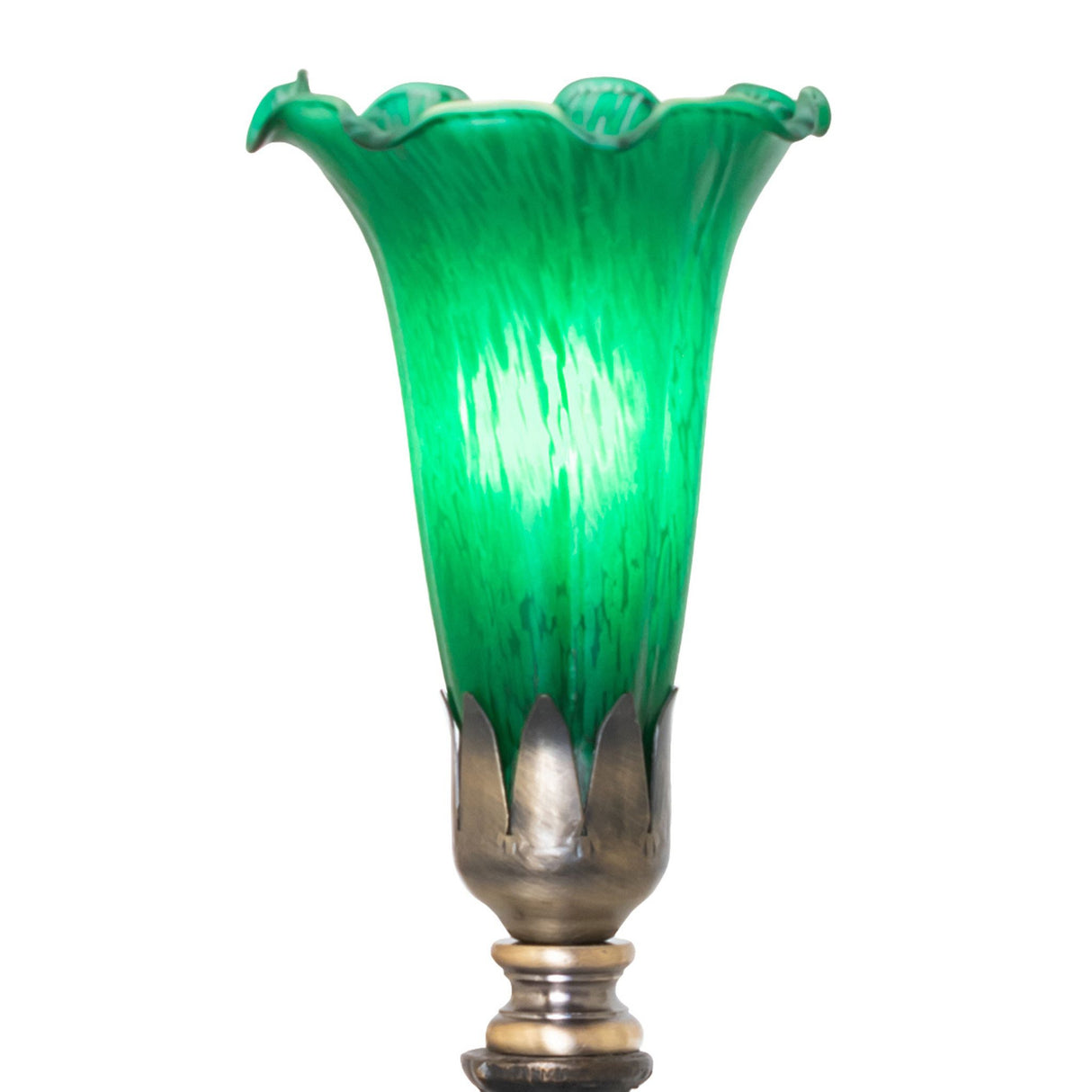 Close-up of the Tiffany Pond Lily Cherub Mini Lamp highlighting the vibrant green glass shade.
