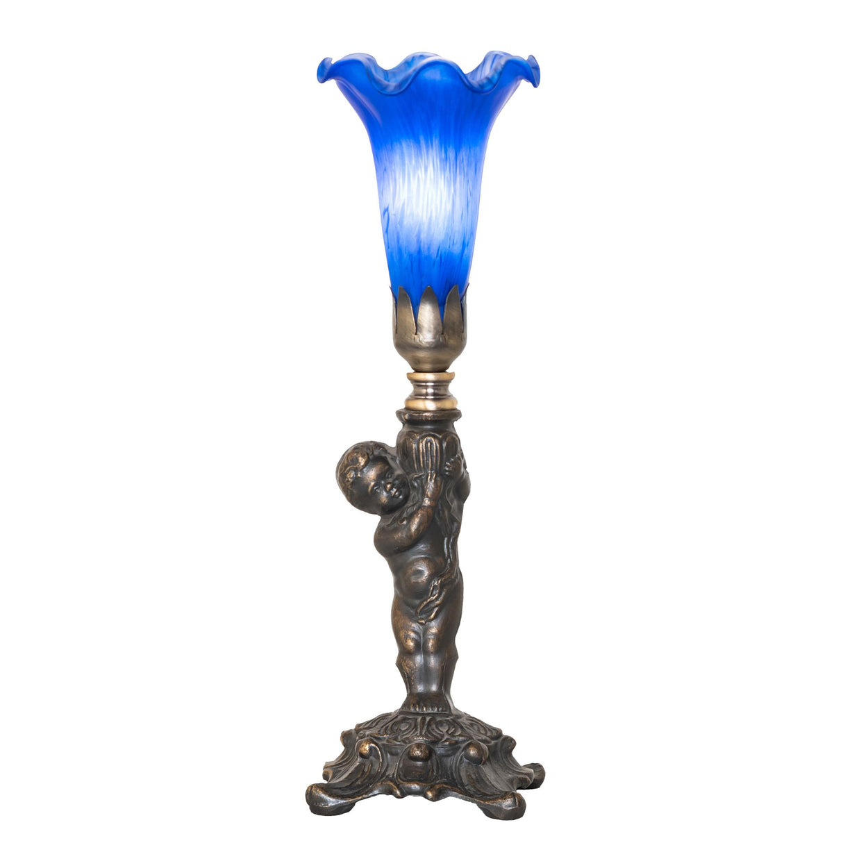 Illuminated view of the Blue Tiffany Pond Lily Cherub Mini Lamp, casting a warm, inviting glow.