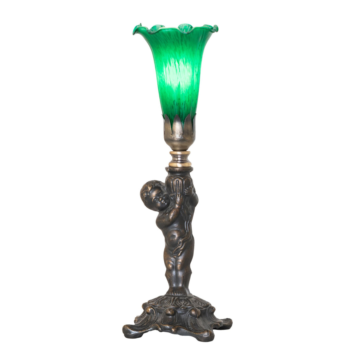Illuminated Tiffany Pond Lily Cherub Mini Lamp with a glowing green Favrile-style glass shade.