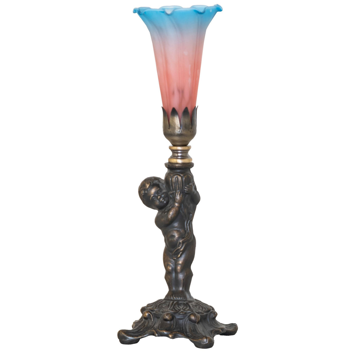 Unlit view of the cherub base with a Tiffany-style shade.