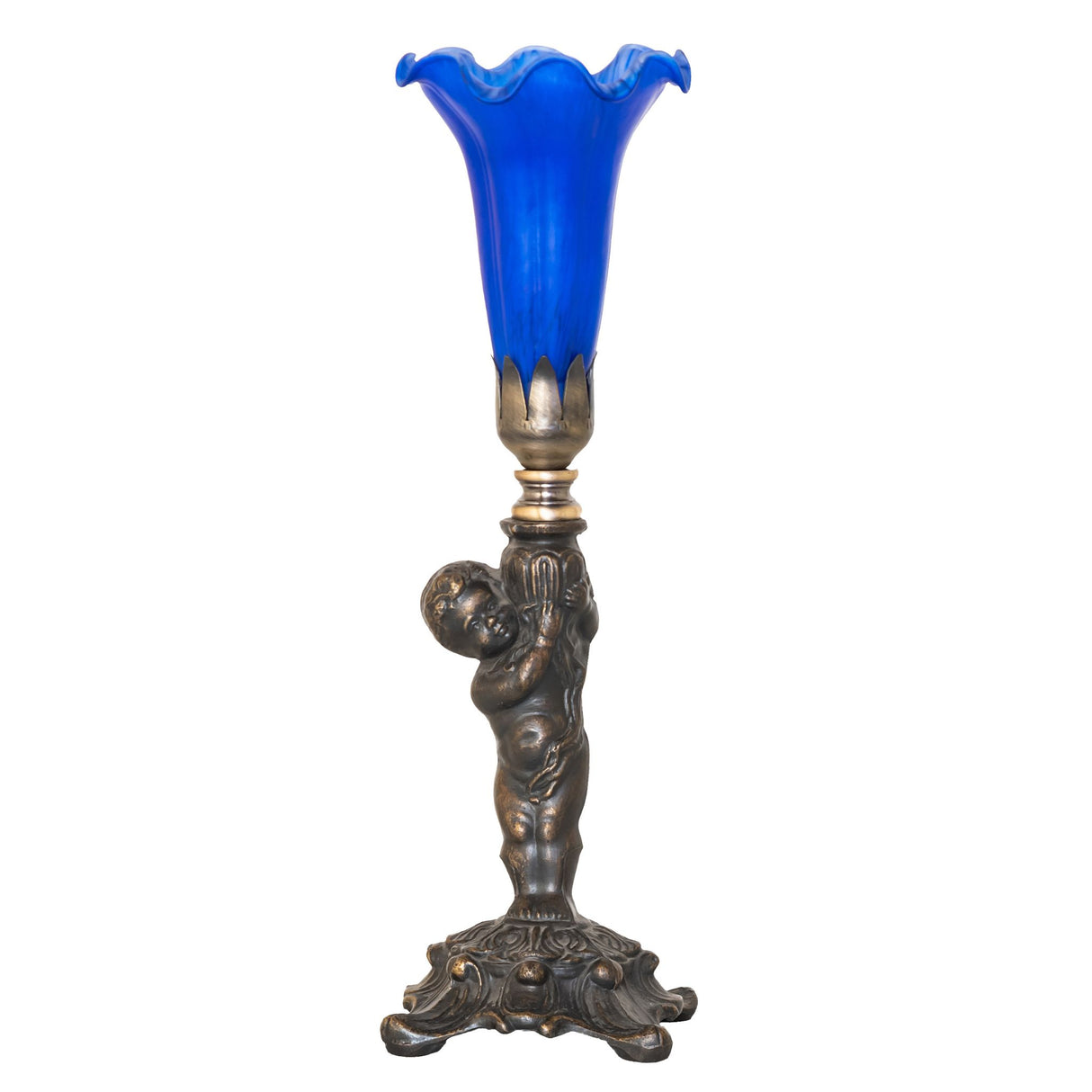 Unlit view of Pond Lily Cherub Mini Lamp showcasing its antique brass base and elegant cherub design.
