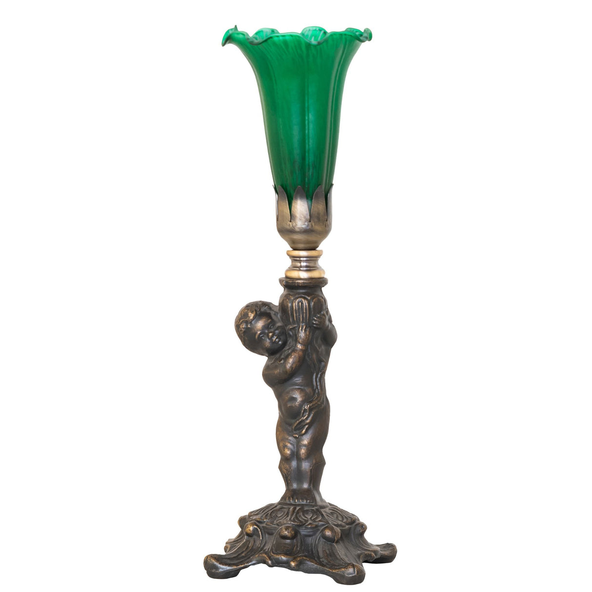 Unlit Tiffany Pond Lily Cherub Mini Lamp featuring a detailed antique brass cherub base.