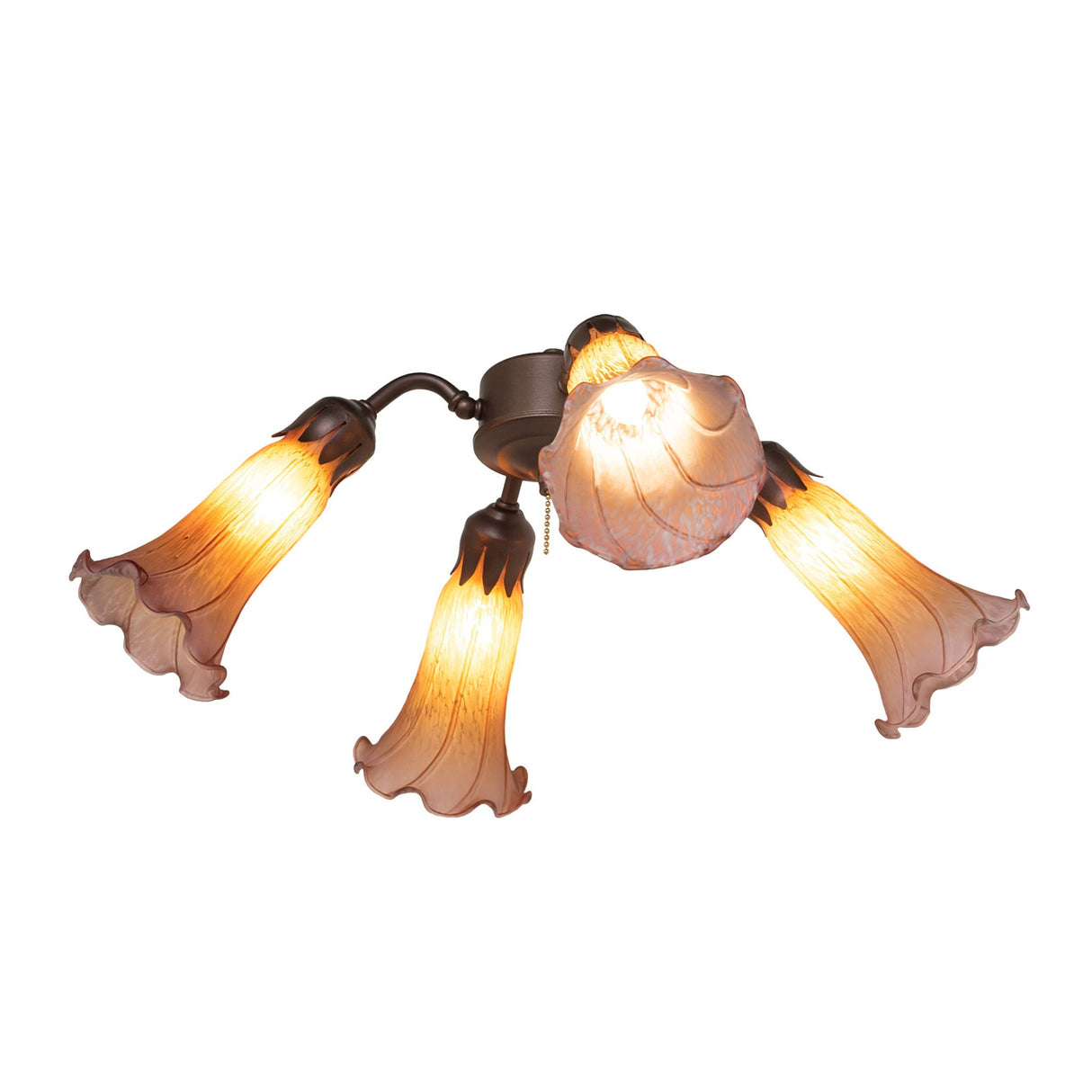 Angled view of the Tiffany Pond Lily fan light, displaying the intricate flared edges of each glass shade.