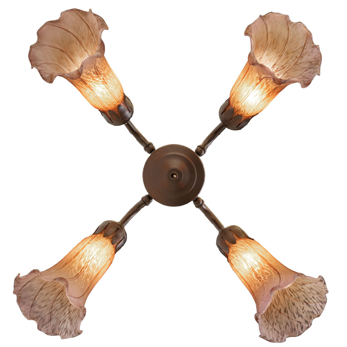 Bottom view of the Tiffany Pond Lily fan light showing its symmetrical floral glass shades.