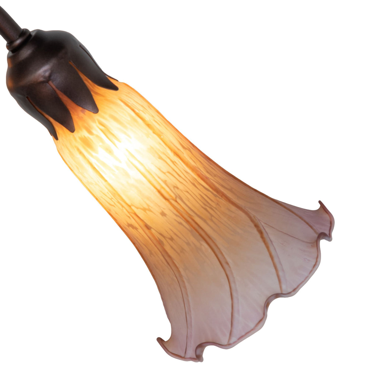 Close-up of a Tiffany Pond Lily glass shade, highlighting its elegant texture and amber hues.
