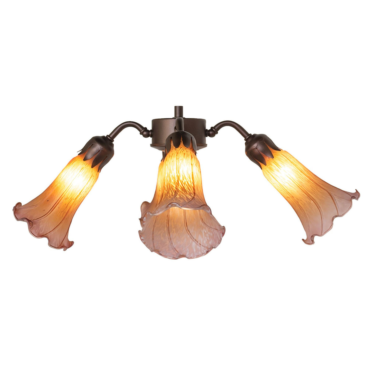 Fully illuminated front view of the Tiffany Pond Lily fan light, radiating warm ambient lighting.