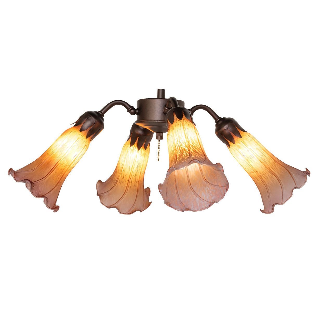 Front view of the Tiffany Pond Lily fan light with four elegantly curved glass shades.
